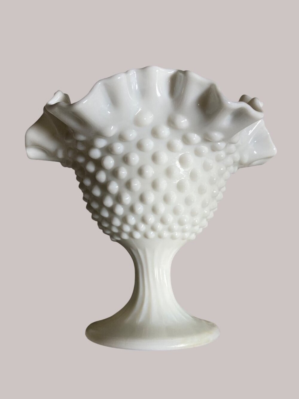 White Milk Glass Hobnail Ruffled Crimped Edge Compote Vase Dish - Picture 2 of 11